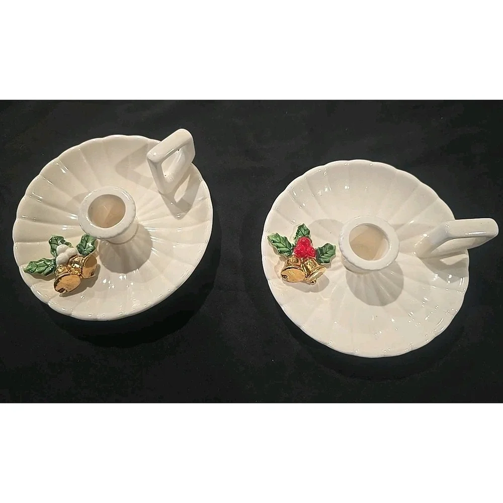 2 Vintage Christmas Ceramic Taper Candle Holders handles raised‎ Holly gold bell